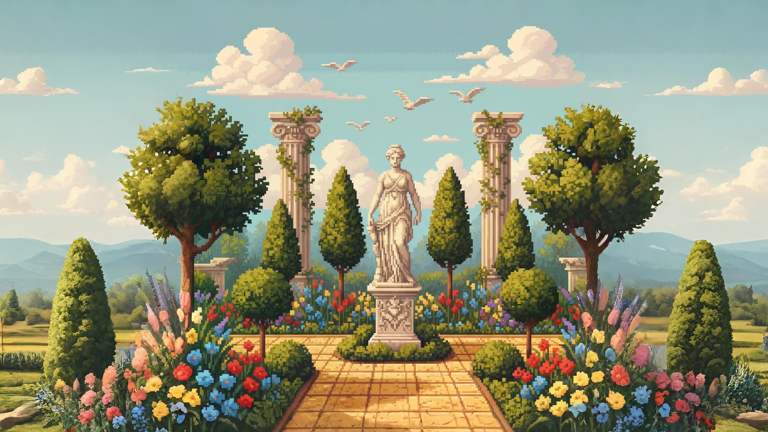 AI automation landscape featuring classical garden with marble statue, ancient columns, and lush vegetation